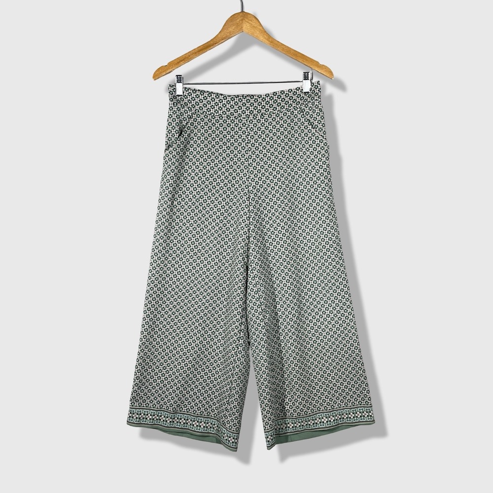 Max Studio Wide Leg Crop Pants Womens M Green Geometric Floral Boho Cottagecore